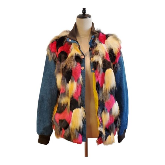 GUESS LA SZ S Women's Multi-color Faux-Fur & Denim Zip Front Bomber Jacket - Picture 3 of 12